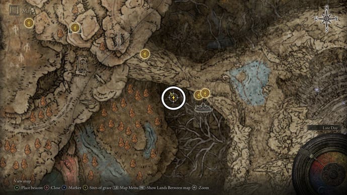 A map screen from Elden Ring Shadow of the Erdtree showing the location of a Revered Spirit Ash in the Abyssal Woods from defeating a large Inquisitor monster.