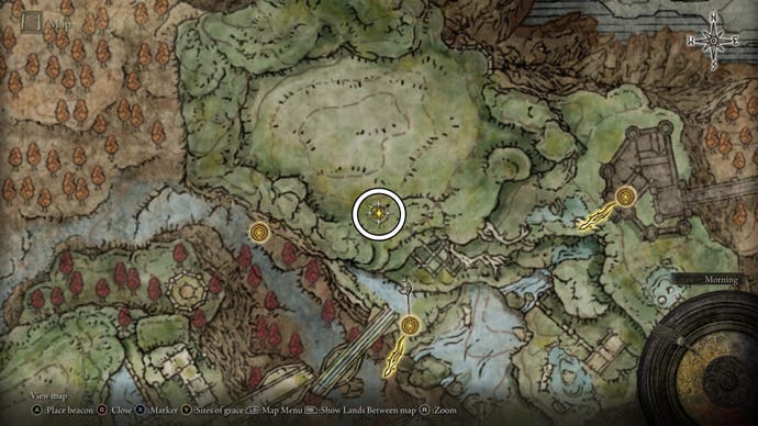 A map screen from Shadow of the Erdtree showing the location of a Revered Spirit Ash in the eastern part of the Ancient Ruins of Rauh.