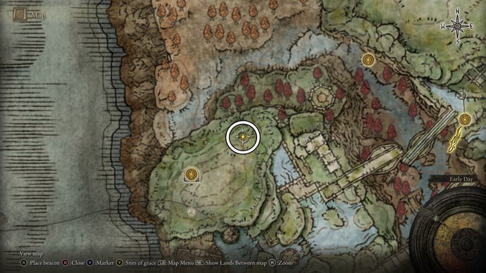 A map screen in Elden Ring Shadow of the Erdtree showing the location of a Revered Spirit Ash in the western section of the Ancient Ruins of Rauh.