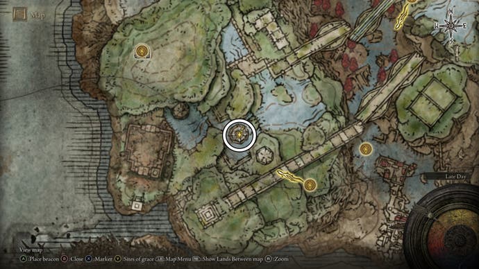 A map screen from Shadow of the Erdtree showing the location of a Revered Spirit Ash in a pavilion in the western part of the Ancient Ruins of Rauh.