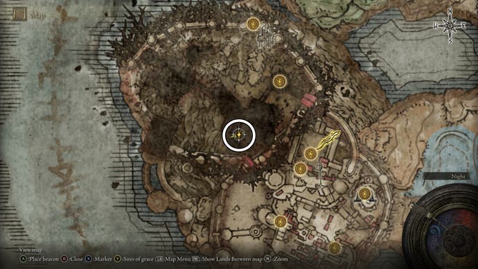 A map screen from Shadow of the Erdtree showing the location of a Revered Spirit Ash obtained from a large priest monster in Enir Ilim.