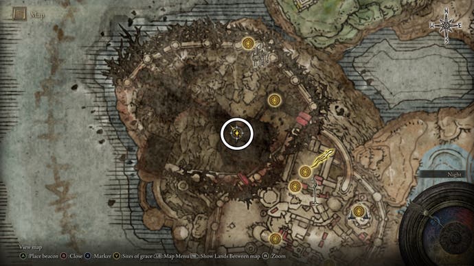 A map screen from Shadow of the Erdtree showing the location of a Revered Spirit Ash obtained from a statue in Enir Ilim.