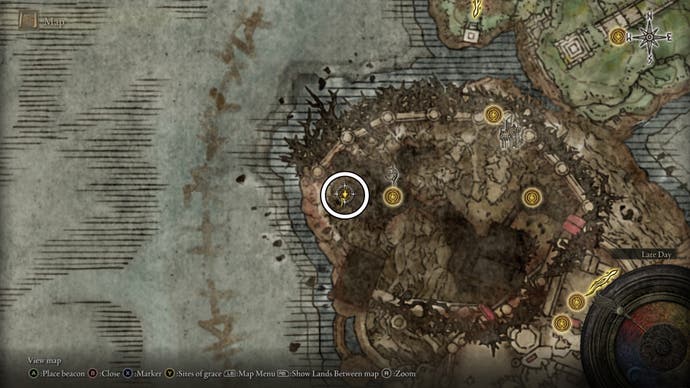 A map screen from Elden Ring Shadow of the Erdtree showing the location of a Revered Spirit Ash in Enir Ilim, near Spiral Rise.