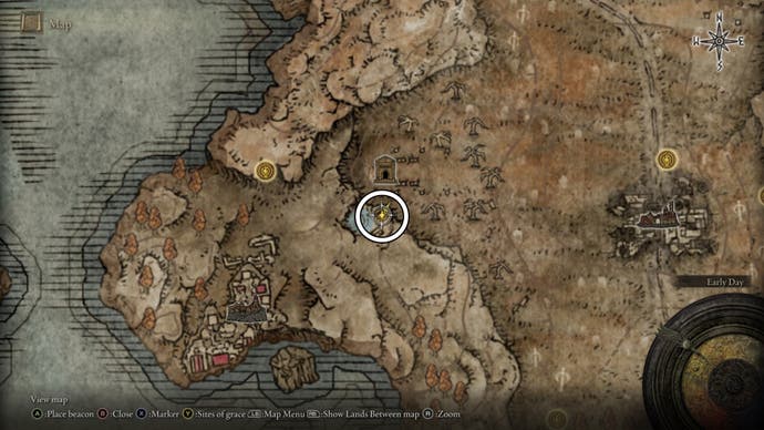 A map screen from Shadow of the Erdtree showing the location of a Revered Spirit Ash in Gravesite Plain near Prospect Town.