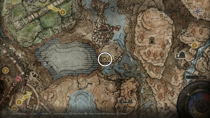 A map screen from Shadow of the Erdtree showing the location of a Revered Spirit Ash on the southern side of the Temple Town Ruins.