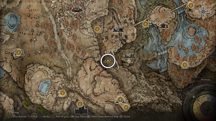 A map screen from Elden Ring Shadow of the Erdtree showing the location of a Revered Spirit Ash in the Village of Flies.