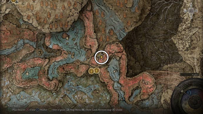 A map screen from Elden Ring Shadow of the Erdtree showing the location of the Rings of Spectral Light sorcery spell.