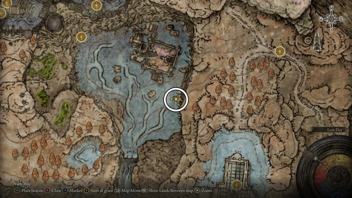 A Shadow of the Erdtree map screen showing the location of a Revered Spirit Ash near the Unte Ruins.