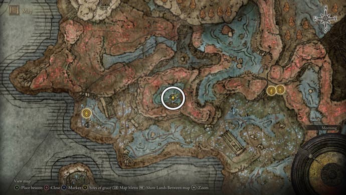 A map screen from Shadow of the Erdtree showing the location of a giant hippo and Scadutree Fragment in Charo’s Hidden Grave.