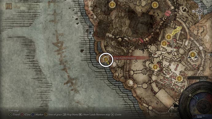 A map screen from Elden Ring Shadow of the Erdtree showing the location of the Cleaning Chamber Anteroom Site of Grace and the final Scadutree Fragment in Enir Ilim.