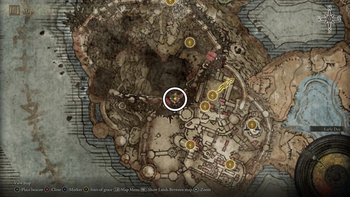 A map screen in Elden Ring Shadow of the Erdtree showing the location of a Scadutree Fragment inside Enir Ilim's Belurat shortcut.