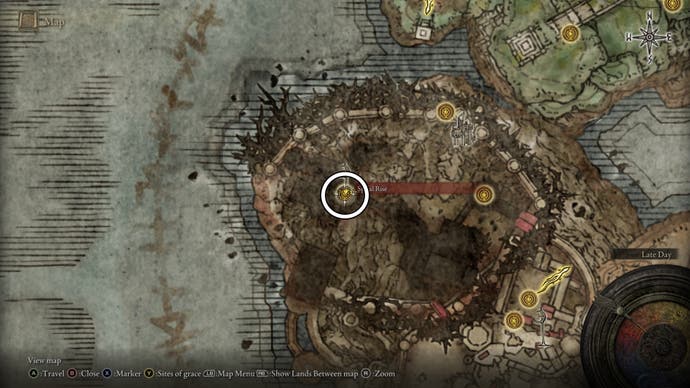 A map screen from Elden Ring Shadow of the Erdtree showing the location of the Spiral Rise Miquella Cross and Scadutree Fragment.