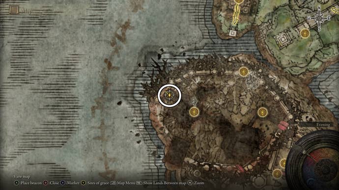 A map screen from Elden Ring Shadow of the Erdtree showing the location of a Scadutree Fragment within Spiral Rise in Enir Ilim