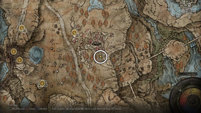 A map screen from Shadow of the Erdtree, showing the location of a Scadutree Fragment from a pot shade south of Moorth Ruins