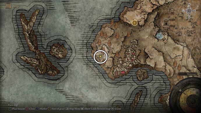 A map screen from Shadow of the Erdtree showing the location of a Scadutree Fragment west of Prospect town in Elden Ring.