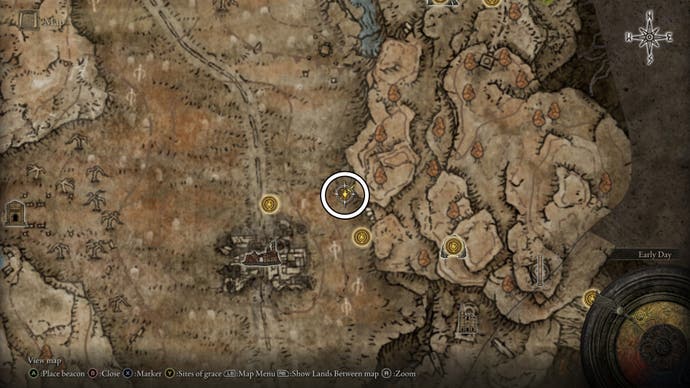 A map screen from Shadow of the Erdtree showing the location of a Scadutree Fragment to the northeast of the Scorched Ruins