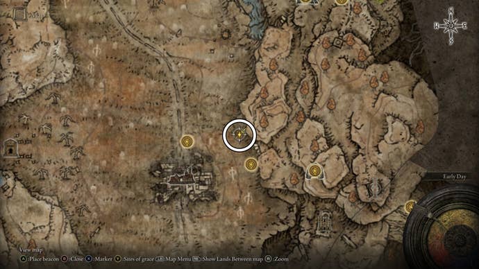 A map screen from Shadow of the Erdtree showing the location of a Scadutree Fragment to the northeast of the Scorched Ruins