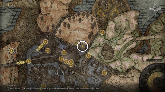 A map screen from Shadow of the Erdtree showing the location of a Scadutree Fragment in the Shadow Keep’s Back Gate.