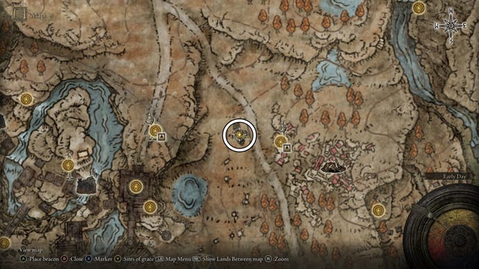 A map screen from Shadow of the Erdtree showing the location of a Scadutree Fragment west of Moorth Ruins.