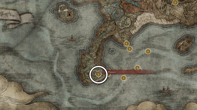 A map screen from Shadow of the Erdtree showing the location of the entrance to Stone Coffin Fissure.