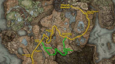 Parte del mapa de Elden Ring: Shadow Of The Erdtree, con los dos caminos posibles al Church District in the Shadow marcados en amarillo y verde.
