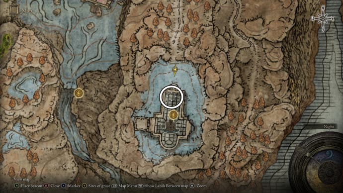 Un écran de carte de Shadow of the Erdtree montrant l'emplacement d'Ymir et de la cathédrale de Manus Metyr.