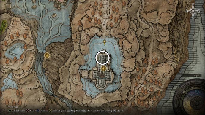 A map screen from Elden Ring Shadow of the Erdtree showing the location of Ymir, Swordhand of Night Jolan and the Cathedral of Manus Metyr.