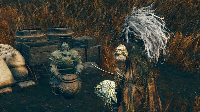 A warrior speaks to the merchant Moore in Elden Ring Shadow of the Erdtree.