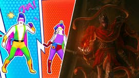 Elden Ring Shadow of the Erdtree's Messmer beside someone doing the cha cha slide in Just Dance 2024 Edition.