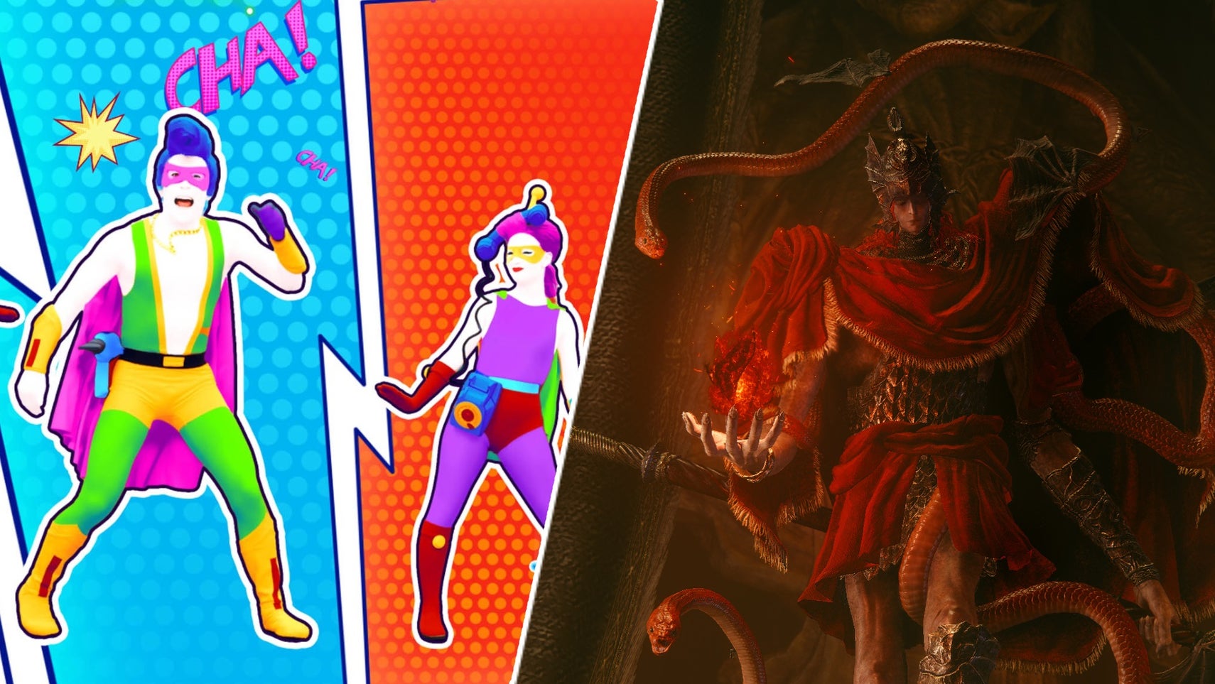Elden Ring Shadow of the Erdtree's Messmer beside someone doing the cha cha slide in Just Dance 2024 Edition. - 1