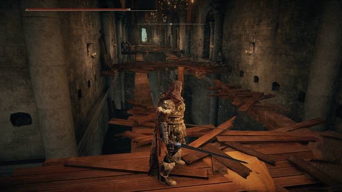 The Tarnished walking along ceiling beams in Midra's Manse in Elden Ring Shadow of the Erdtree.