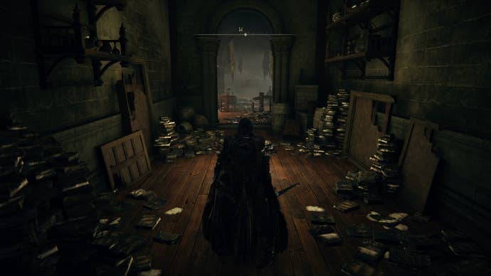 The Tarnished walking down a dishevelled corridor in Midra’s Manse in Elden Ring Shadow of the Erdtree.