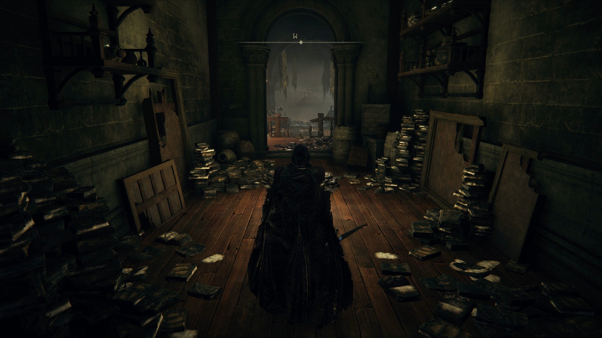 The Tarnished walking down a dishevelled corridor in Midra's Manse in Elden Ring Shadow of the Erdtree. - 1