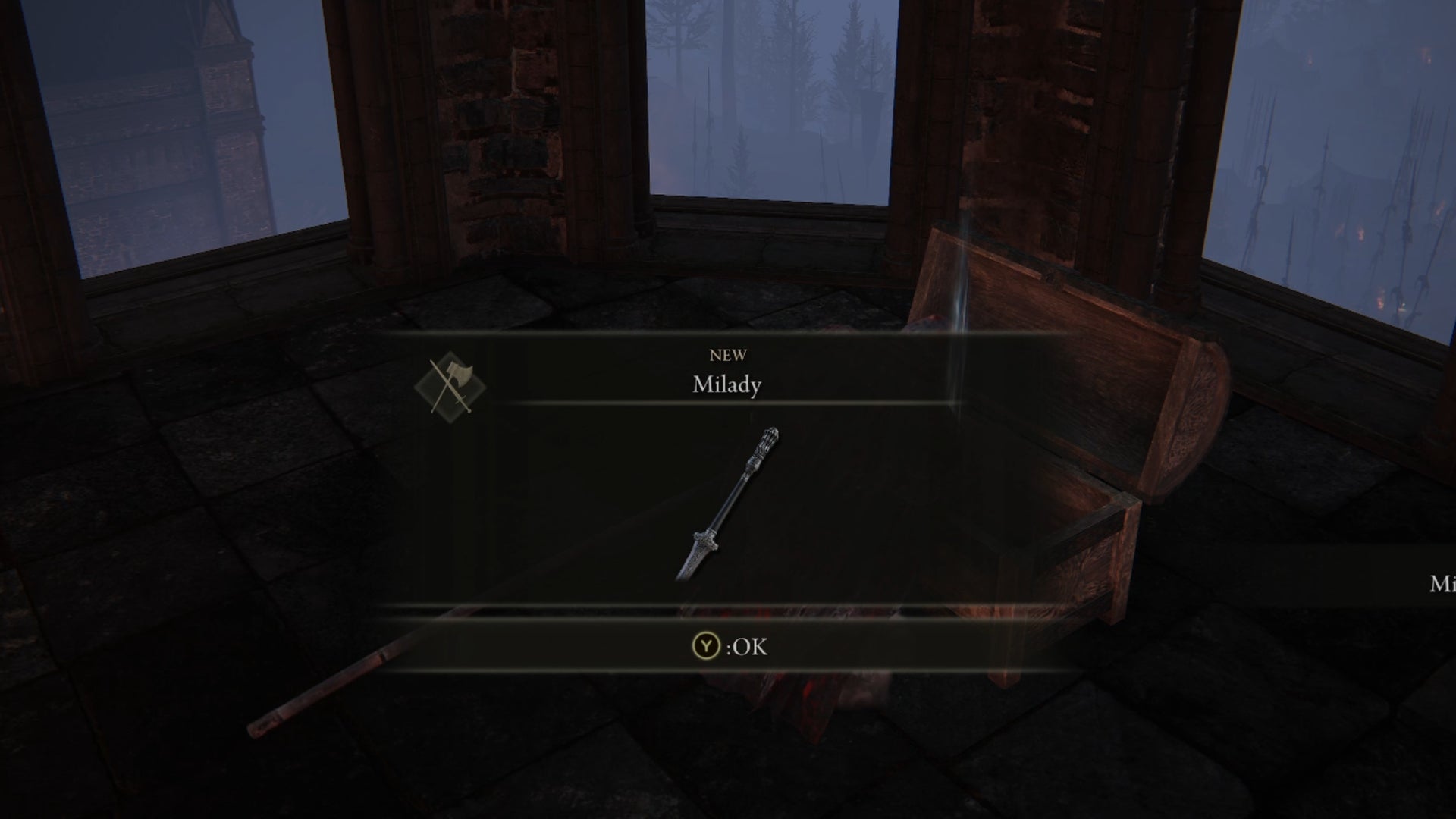 The player in Elden Ring: Shadow Of The Erdtree loots the Milady weapon from a chest at the top of a tower in Castle Ensis. - 8