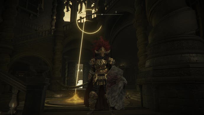 A warrior stands in front of the Miquella's Cross location inside Enir-Ilim in Elden Ring Shadow of the Erdtree.