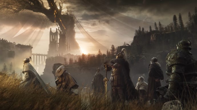An establishing shot of all of Miquella's followers in the Elden Ring: Shadow Of The Erdtree story trailer. From left to right: Leda, Dryleaf Dane, the Hornsent, Freyja, Thiollier, Ansbach, and Moore.