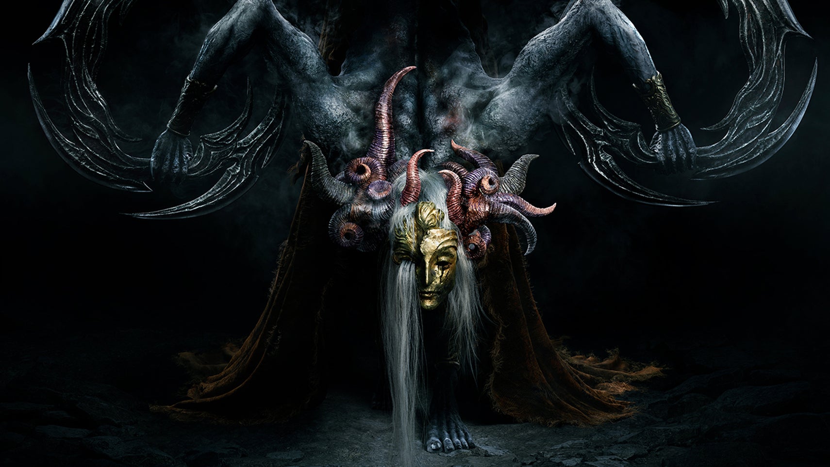 Some kind of slightly humanoid monster from Elden Ring Shadow of the Erdtree, it's wearing half a gold mask, several horns coming out of its head, arms coming out of its back holding ringed blades. - 1