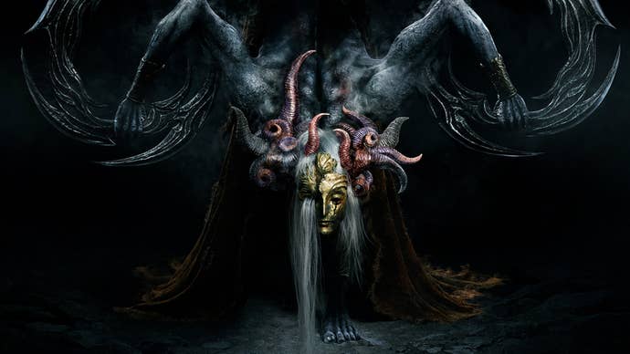 Some kind of slightly humanoid monster from Elden Ring Shadow of the Erdtree, it’s wearing half a gold mask, several horns coming out of its head, arms coming out of its back holding ringed blades.