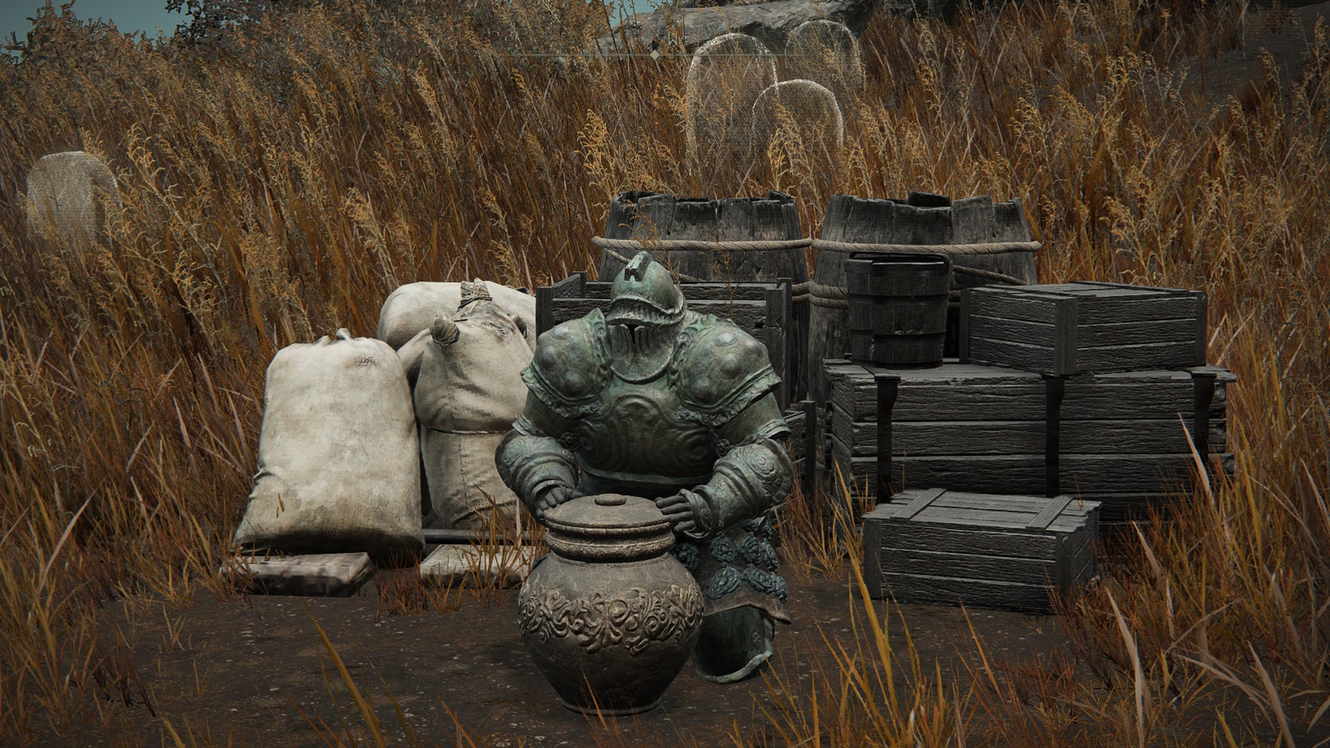 Elden Ring: Shadow Of The Erdtree screenshot of the NPC Moore, sitting with his wares on the Gravesite Plains. - 7