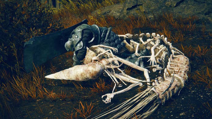 Elden Ring: Shadow Of The Erdtree screenshot of the NPC Moore and a Kindred Of Rot dead and interlocked in each others arms in Scadu Altus.