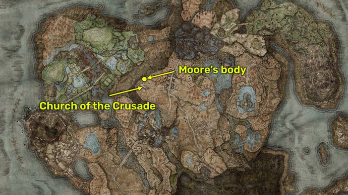Elden Ring: Shadow Of The Erdtree map screenshot of the location of Moore’s body.