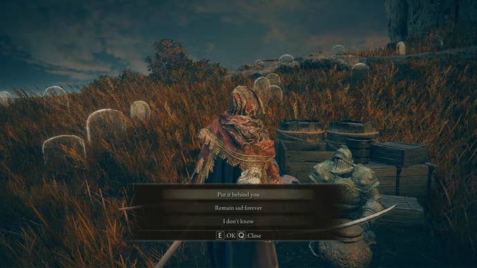 Elden Ring: Shadow Of The Erdtree screenshot of the NPC Moore, sitting with his wares on the Gravesite Plains and asking the Tarnished for advice.