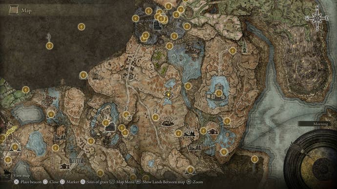 A map screen showing the location of the tunnel that leads to the top left map fragment in Elden Ring Shadow of the Erdtree.