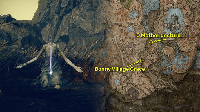 Elden Ring: Shadow Of The Erdtree map image showing where to find the O Mother Gesture near Bonny Village.