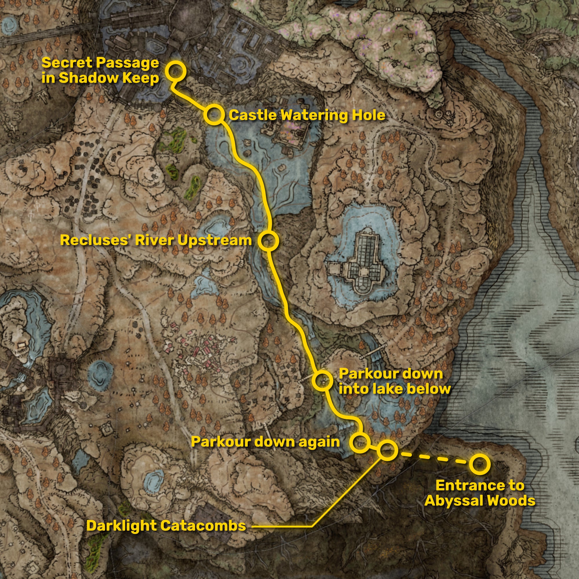 Part of the Elden Ring map of Shadow Of The Erdtree, with the path from the Shadow Keep to the Abyssal Woods highlighted in yellow. - 3