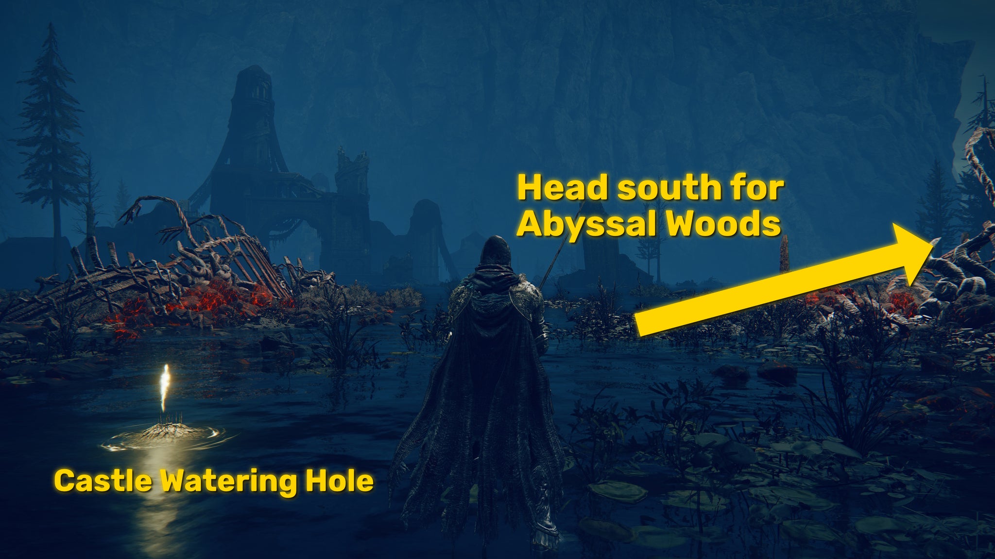The player in Elden Ring: Shadow Of The Erdtree stands next to the Castle Watering Hole Site Of Grace. A yellow arrow points in the direction of the path to the Abyssal Woods. - 12