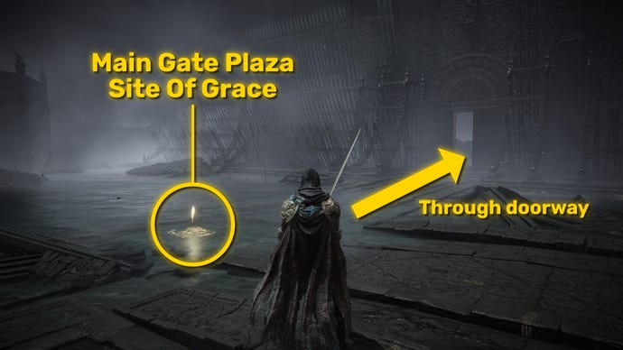 The player in Elden Ring: Shadow Of The Erdtree stands next to the Main Gate Plaza Site Of Grace and prepares to walk through the doorway to the right.