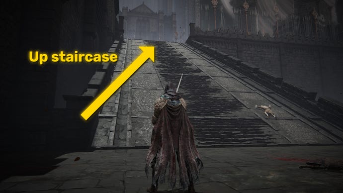 The player in Elden Ring: Shadow Of The Erdtree climbs a staircase in the Shadow Keep next to the Main Gate Plaza.