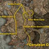 Part of the map of Elden Ring’s Shadow Of The Erdtree DLC, with the path from the Gravesite Plain to the Cerulean Coast marked in yellow.