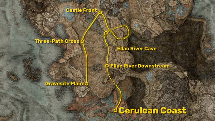 Part of the map of Elden Ring’s Shadow Of The Erdtree DLC, with the path from the Gravesite Plain to the Cerulean Coast marked in yellow.